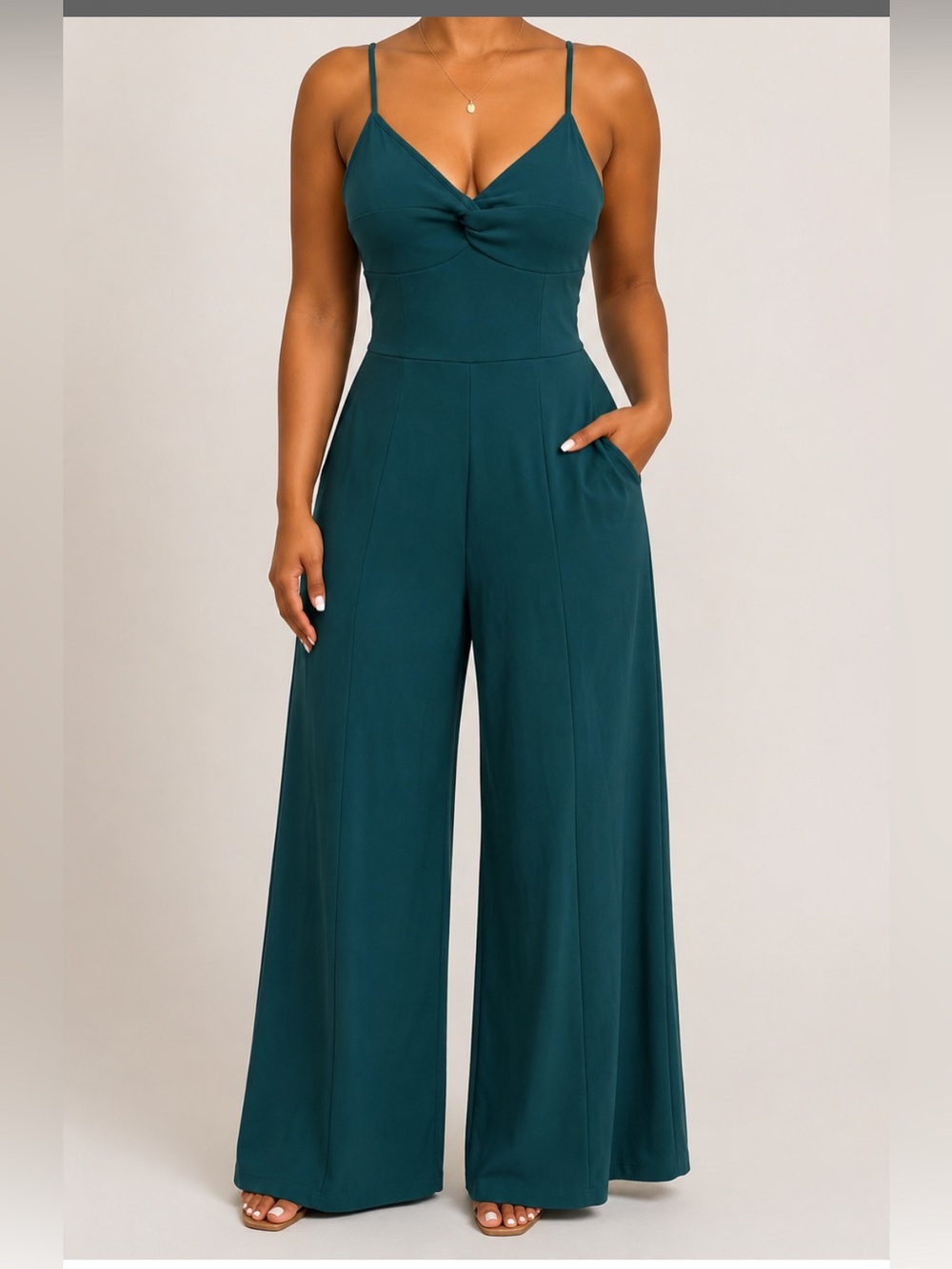 Wide-Leg Dark Green Jumpsuit with Spaghetti Straps